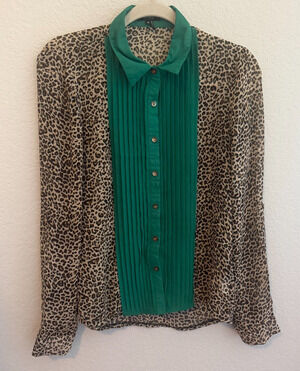 Roly Poly Leopard Print Blouse Green Pleated Front Button Sheer Long Sleeve M